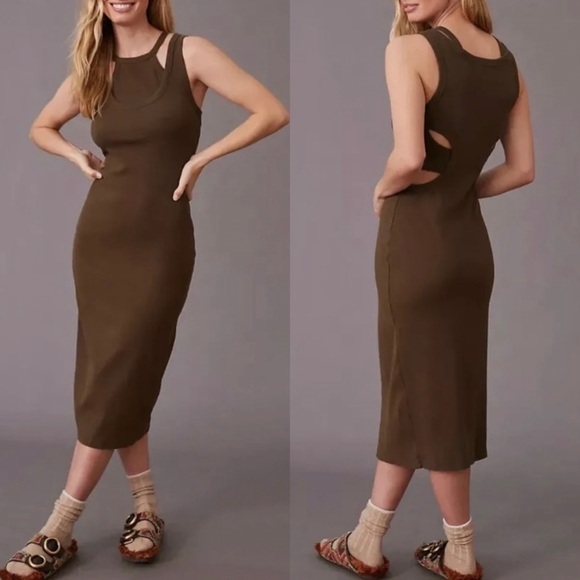 NWT Anthropologie T.La Ribbed Layered Cutout Tank Dress in Olive Green - Picture 1 of 9